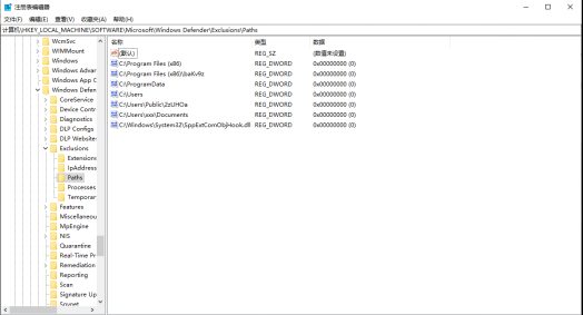 Windows Defender exclusion paths written in the registry