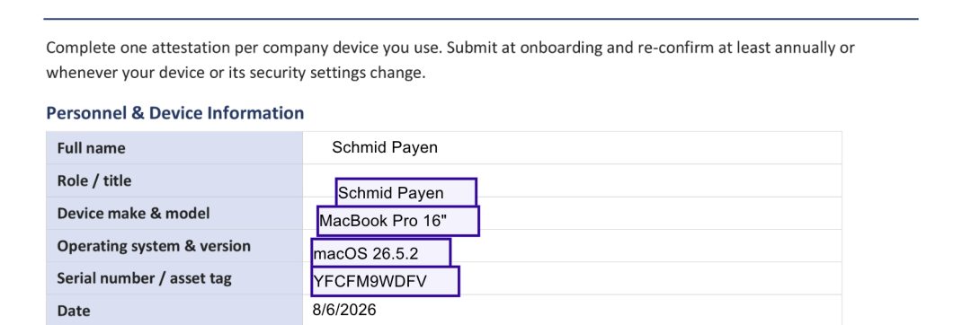 Device attestation form in the CEO's name